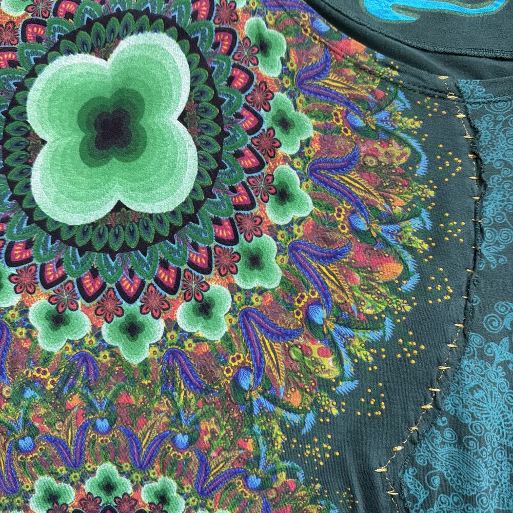 Desigual Mandala Top Womens Lg Green Floral Dolman Sleeve Scoop Neck Boho Artsy - Picture 10 of 11